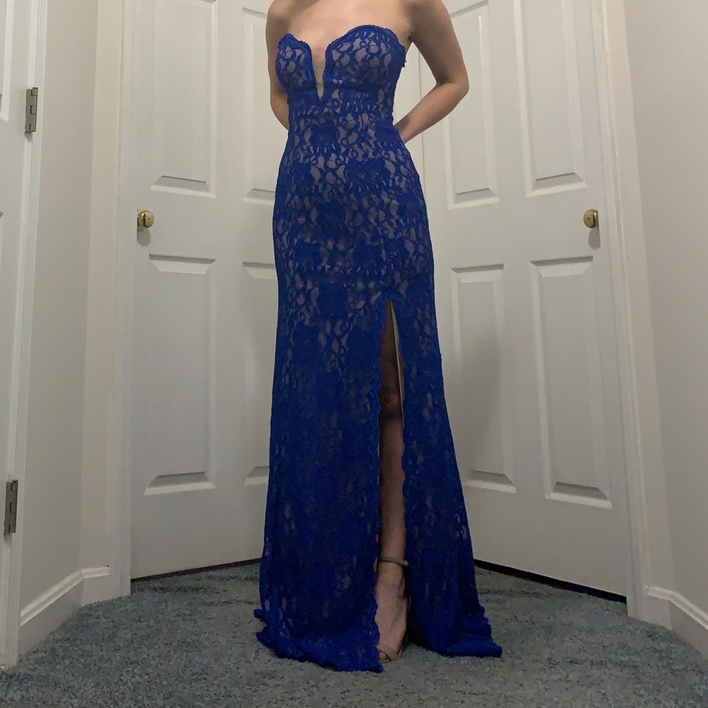 Royal Blue Xscape lace prom dress